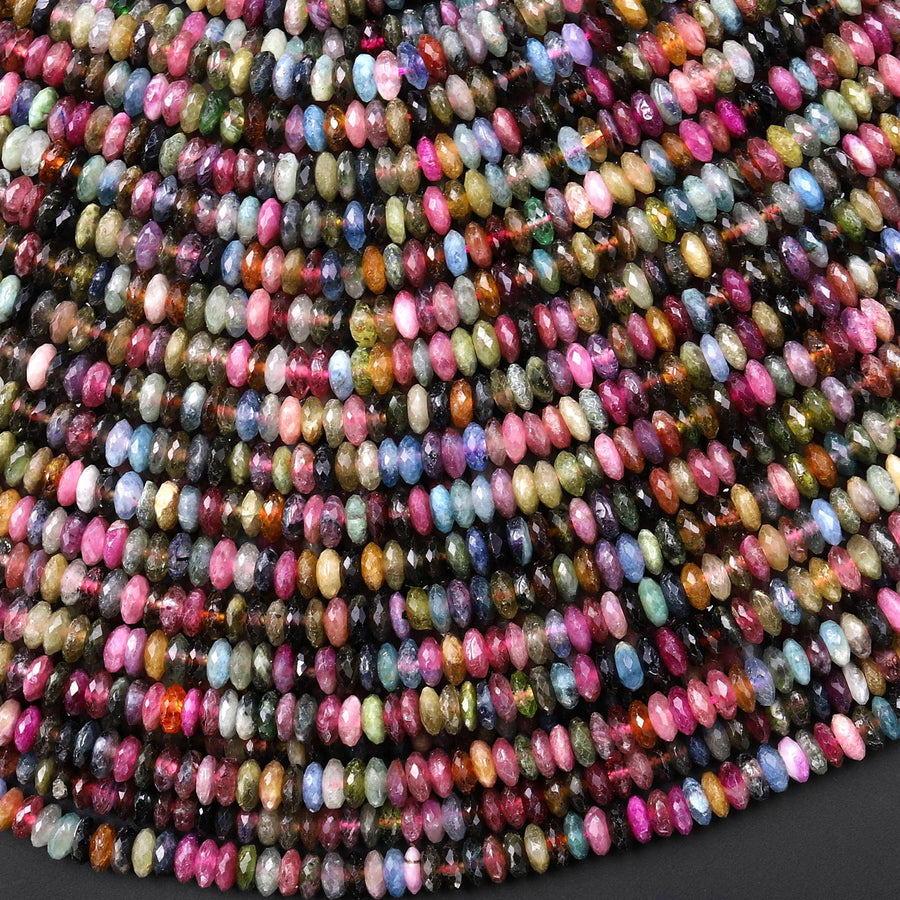 AAA Natural Pink Blue Green Tourmaline Micro Faceted 4mm Thin Rondelle Beads Gemstone 15.5" Strand