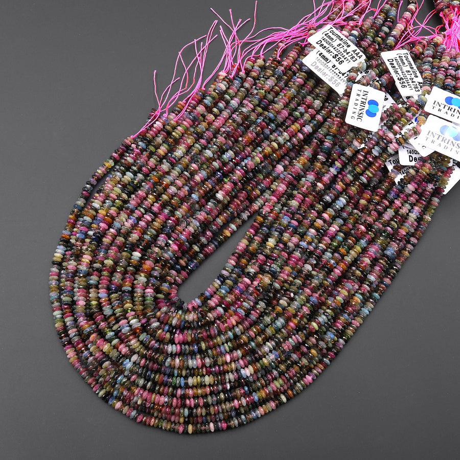 AAA Natural Pink Blue Green Tourmaline Micro Faceted 4mm Thin Rondelle Beads Gemstone 15.5" Strand