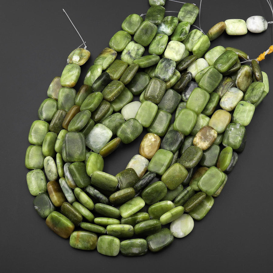 Natural Forest Green Serpentine Jade Rounded Rectangle Beads 15.5" Strand