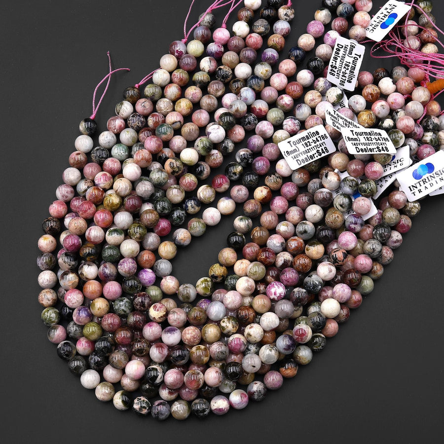 Natural Multicolor Watermelon Pink Green Yellow Tourmaline Round Beads 6mm 8mm 10mm 12mm Colorful Real Genuine Gemstone 15.5" Strand