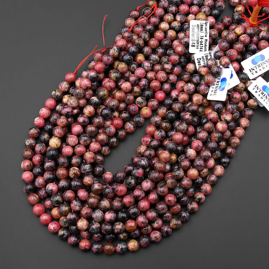 Natural Spessartine Garnet in Rhodonite Beads 6mm 8mm 10mm Red Pink Round Beads 15.5" Strand