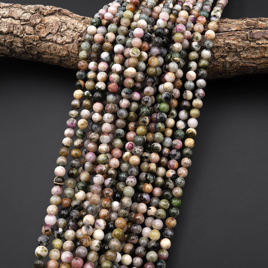 Natural Tourmaline Round Beads 6mm Earthy Pink Green Gemstone 15.5" Strand