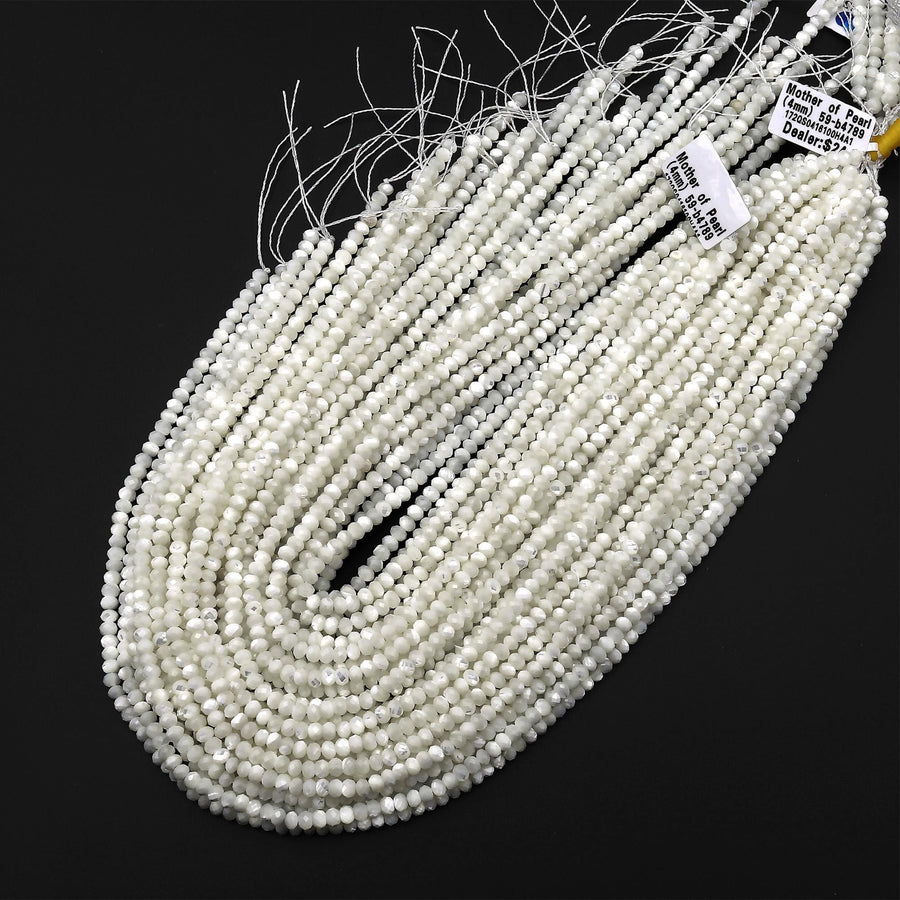 AAA Natural White Mother of Pearl 4mm Faceted Rondelle Beads Laser Diamond Cut Iridescent Pearl Gemstone 15.5" Strand
