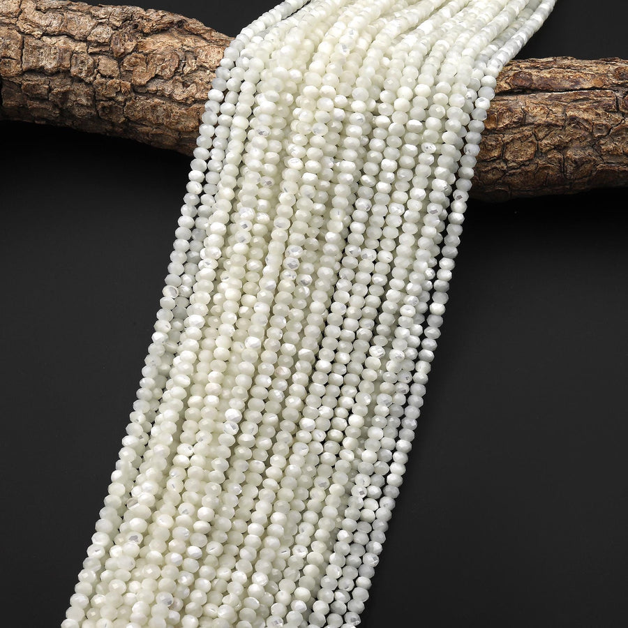 AAA Natural White Mother of Pearl 4mm Faceted Rondelle Beads Laser Diamond Cut Iridescent Pearl Gemstone 15.5" Strand
