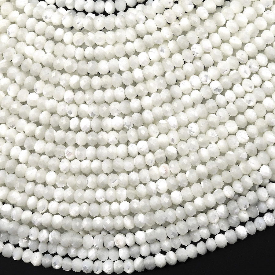AAA Natural White Mother of Pearl 4mm Faceted Rondelle Beads Laser Diamond Cut Iridescent Pearl Gemstone 15.5" Strand
