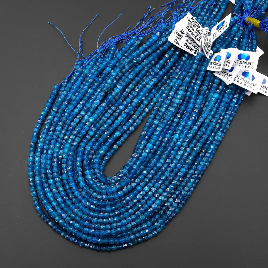 AAA Natural Apatite Faceted 4mm Cube Beads Intense Teal Blue Gemstone 15.5" Strand b4745