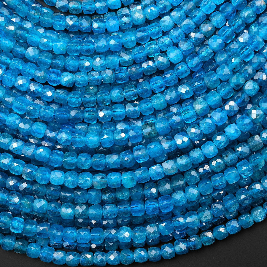 AAA Translucent Natural Teal Blue Apatite Faceted 4mm Cube Beads Gemstone 15.5" Strand b4746