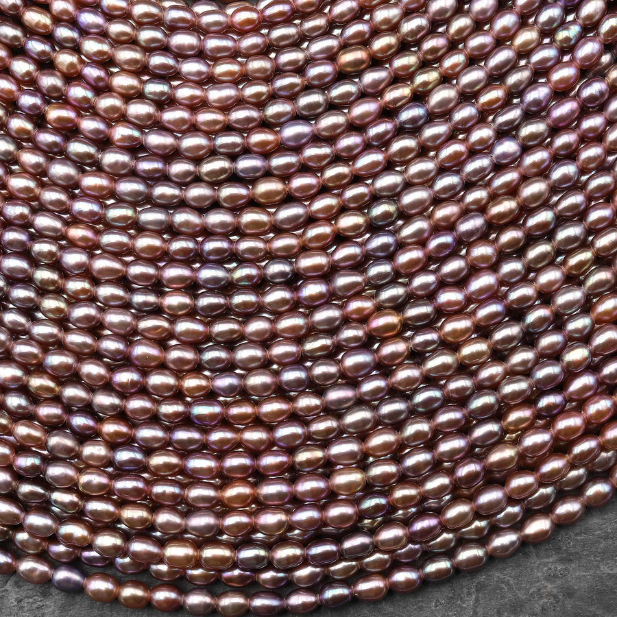 AAA Genuine Natural Metallic Mauve Pink Purple Oval Rice Freshwater Pearl Iridescent High Luster 3x4mm 14.5" Strand