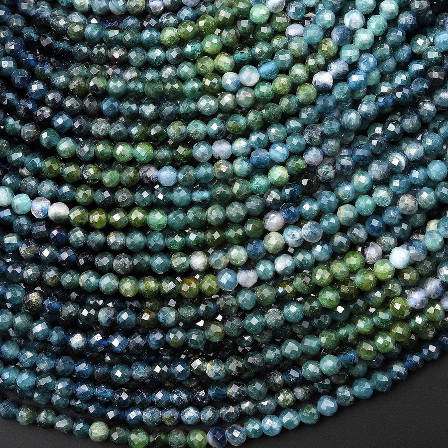 Faceted Natural Blue Tourmaline 3mm Round Beads Ombre Gemstone 15.5" Strand