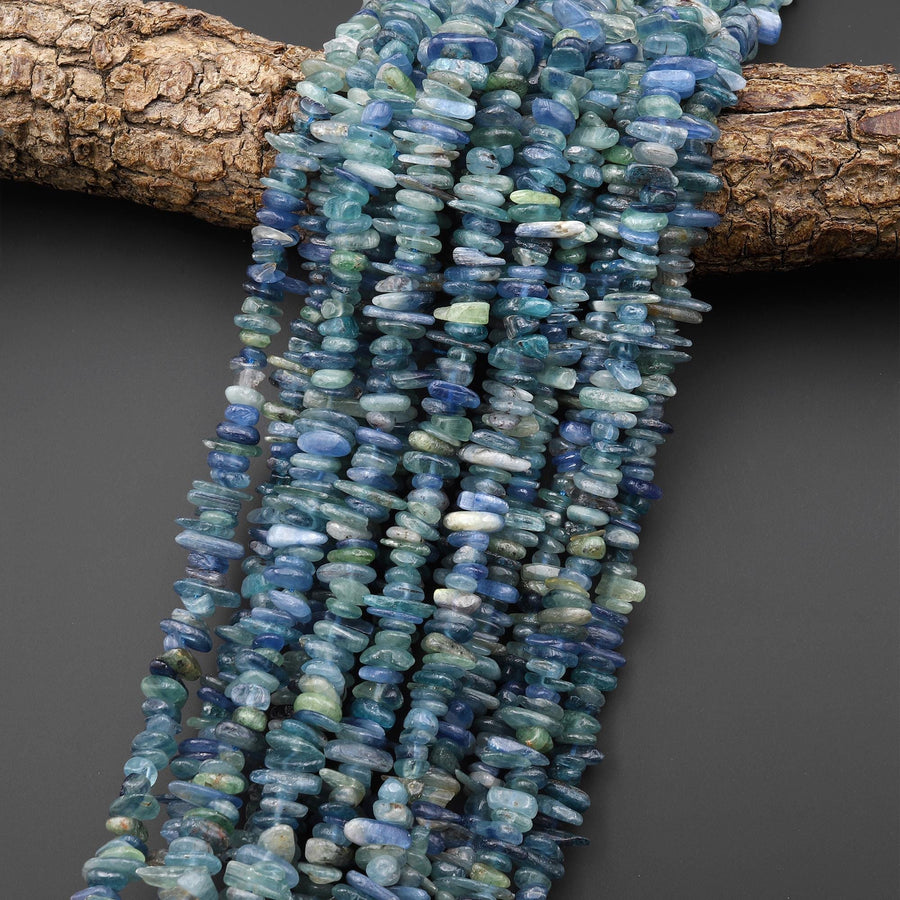 Natural Bicolor Silvery Teal Blue Green Kyanite Freeform Center Drilled Rondelle Spike Beads 15.5" Strand