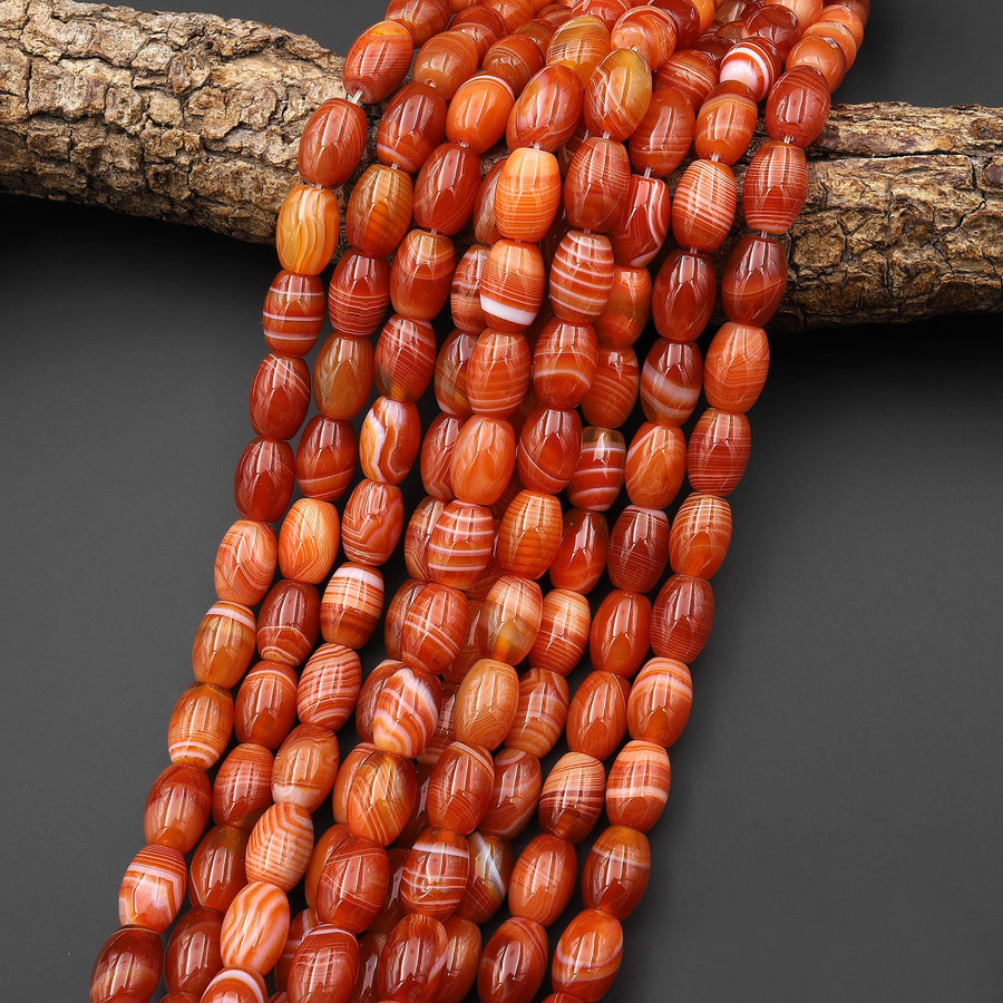 AAA Natural Fiery Orange Red Banded Agate Drum Barrel Beads 10x13mm 15.5" Strand