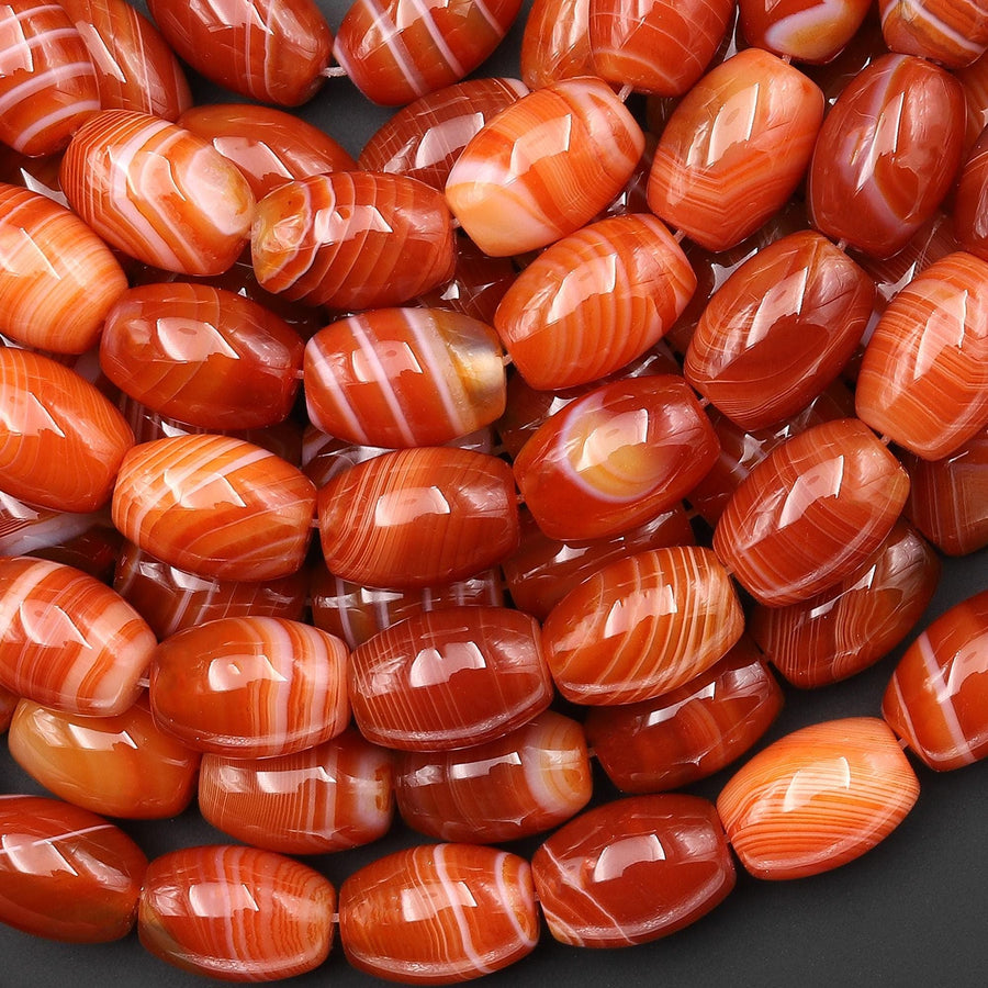 AAA Natural Fiery Orange Red Banded Agate Drum Barrel Beads 10x13mm 15.5" Strand