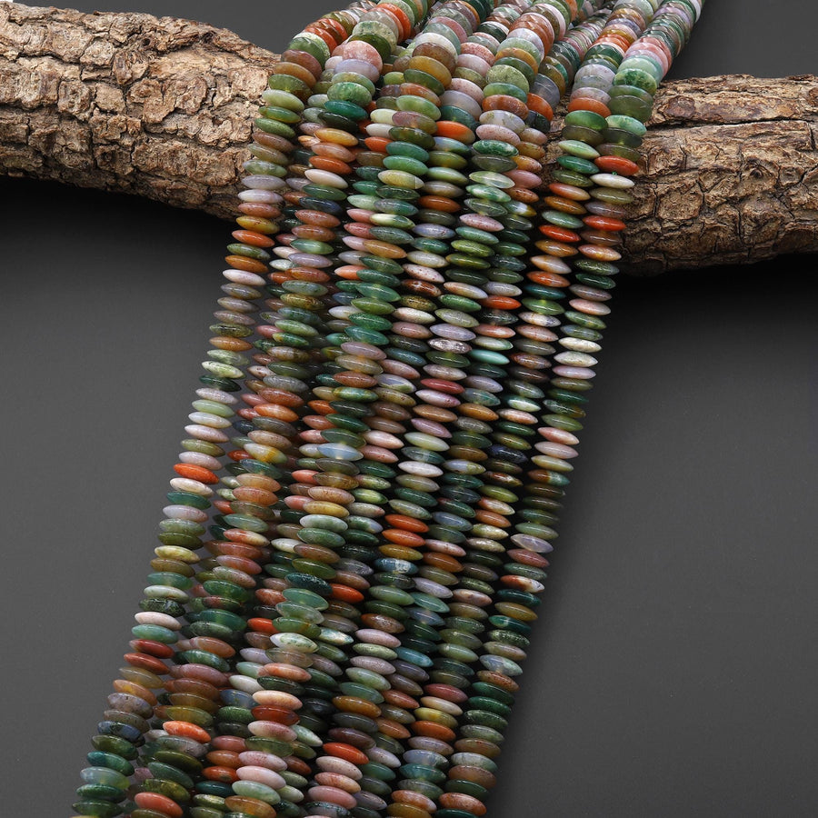 AAA Natural Indian Agate 6mm 8mm Smooth Thin Saucer Rondelle Beads Aka Green Red Bloodstone 15.5" Strand