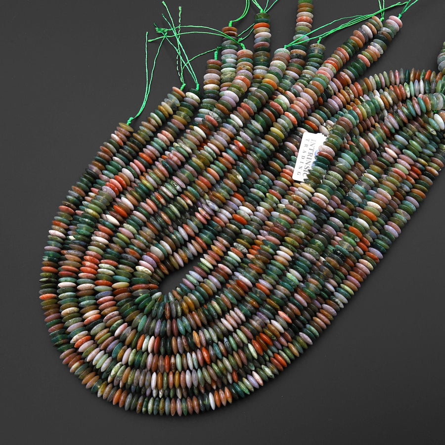 AAA Natural Indian Agate 6mm 8mm Smooth Thin Saucer Rondelle Beads Aka Green Red Bloodstone 15.5" Strand