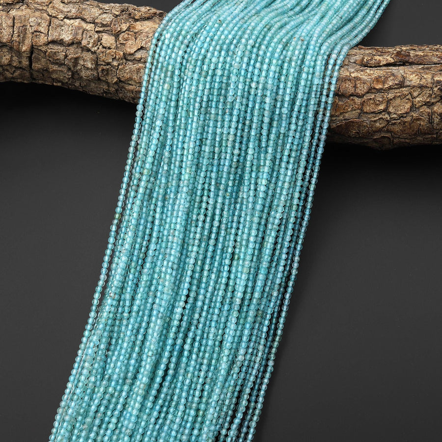 AAA Natural Aqua Blue Apatite 2mm Smooth Round Beads 15.5" Strand