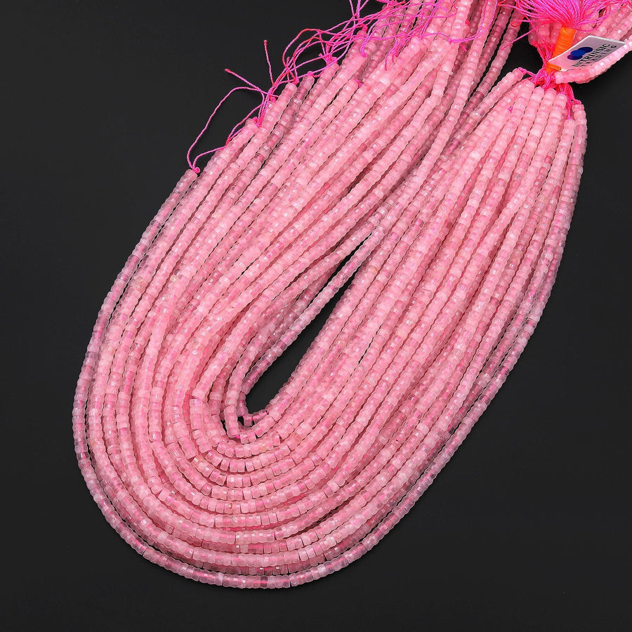 AAA Faceted Natural Pink Rose Quartz Heishi Rondelle Beads 4mm 15" Strand