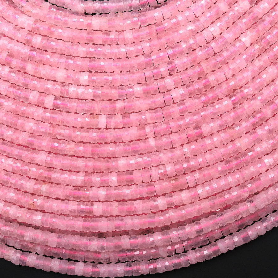 AAA Faceted Natural Pink Rose Quartz Heishi Rondelle Beads 4mm 15" Strand