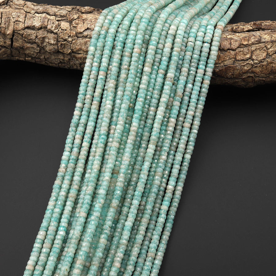 AAA Faceted Natural Aqua Blue Green Peruvian Amazonite Heishi Rondelle Beads 4mm 15" Strand