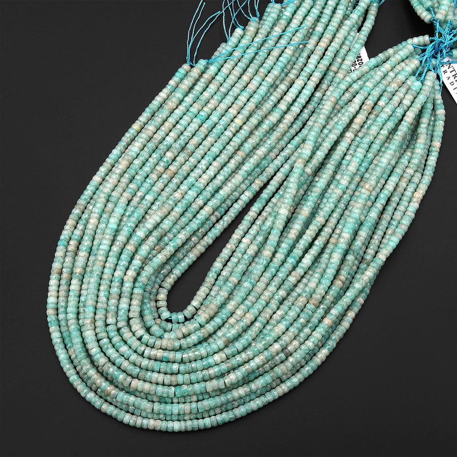 AAA Faceted Natural Aqua Blue Green Peruvian Amazonite Heishi Rondelle Beads 4mm 15" Strand