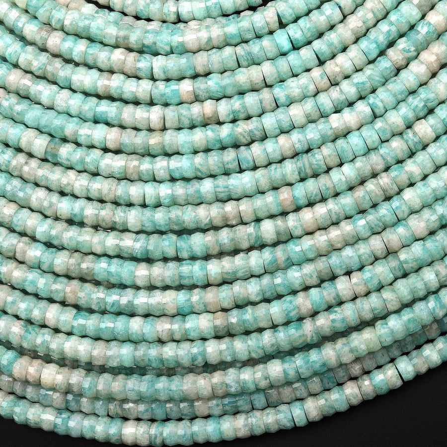 AAA Faceted Natural Aqua Blue Green Peruvian Amazonite Heishi Rondelle Beads 4mm 15" Strand