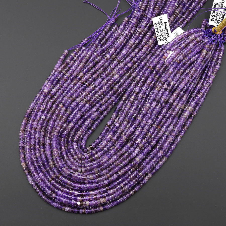 AAA Faceted Natural Purple Amethyst Heishi Rondelle Beads 4mm 15" Strand