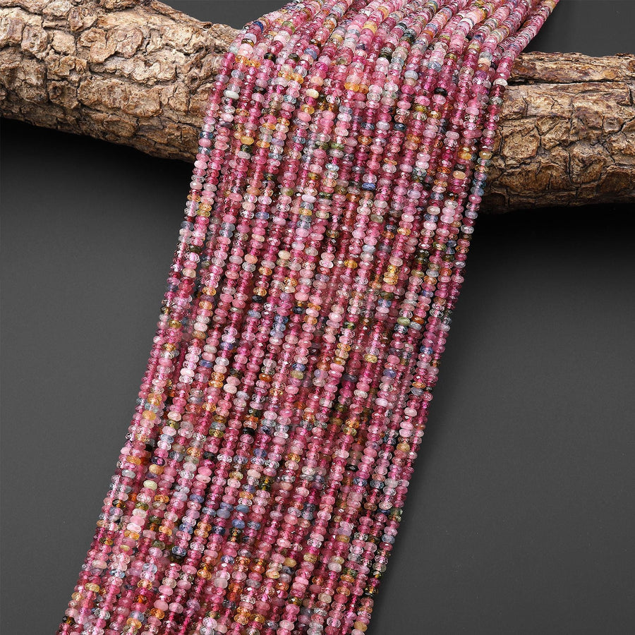 AAA Gemmy Translucent Natural Pink Blue Green Tourmaline Micro Faceted 3mm Thin Rondelle Beads Gemstone 15.5" Strand