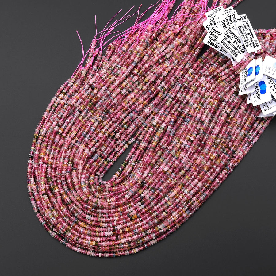 AAA Gemmy Translucent Natural Pink Blue Green Tourmaline Micro Faceted 3mm Thin Rondelle Beads Gemstone 15.5" Strand