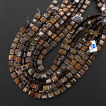AAA Natural Bronzite Smooth Square Beads w/ Grooved Line Around 16" Strand