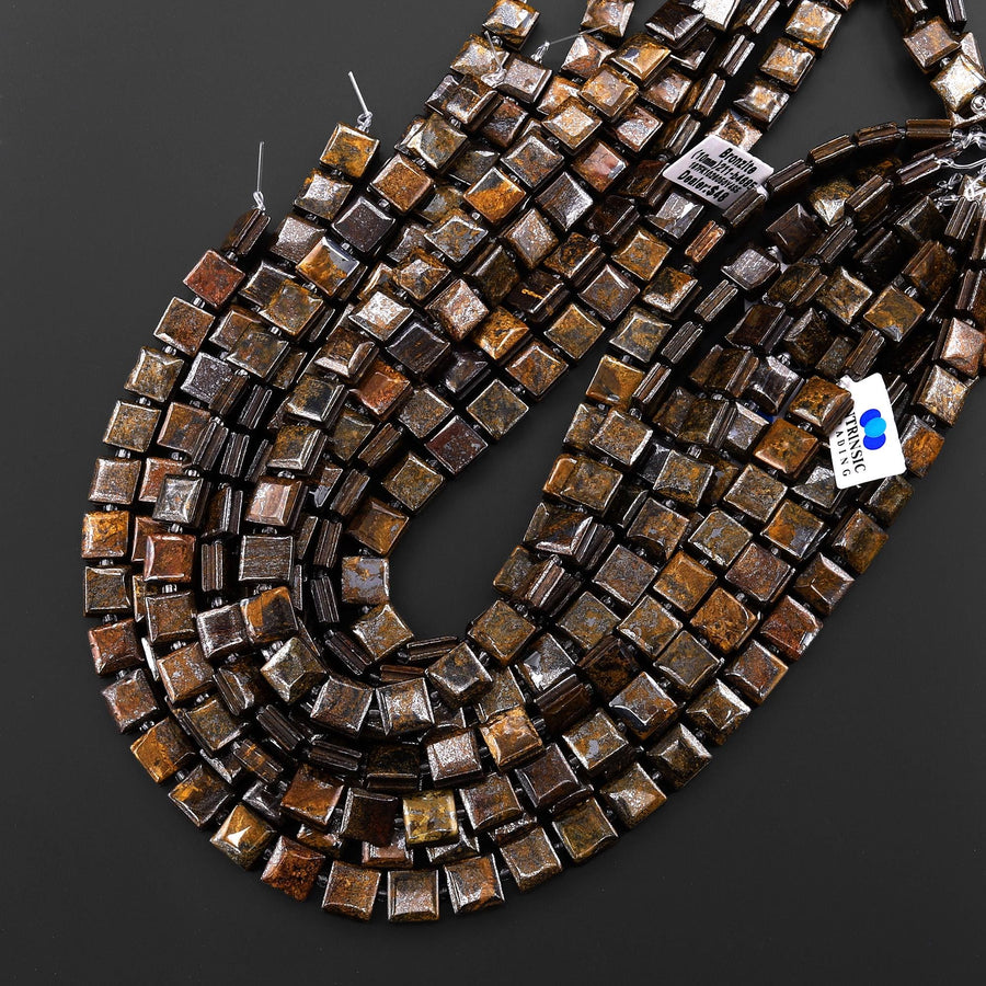 AAA Natural Bronzite Smooth Square Beads w/ Grooved Line Around 16" Strand