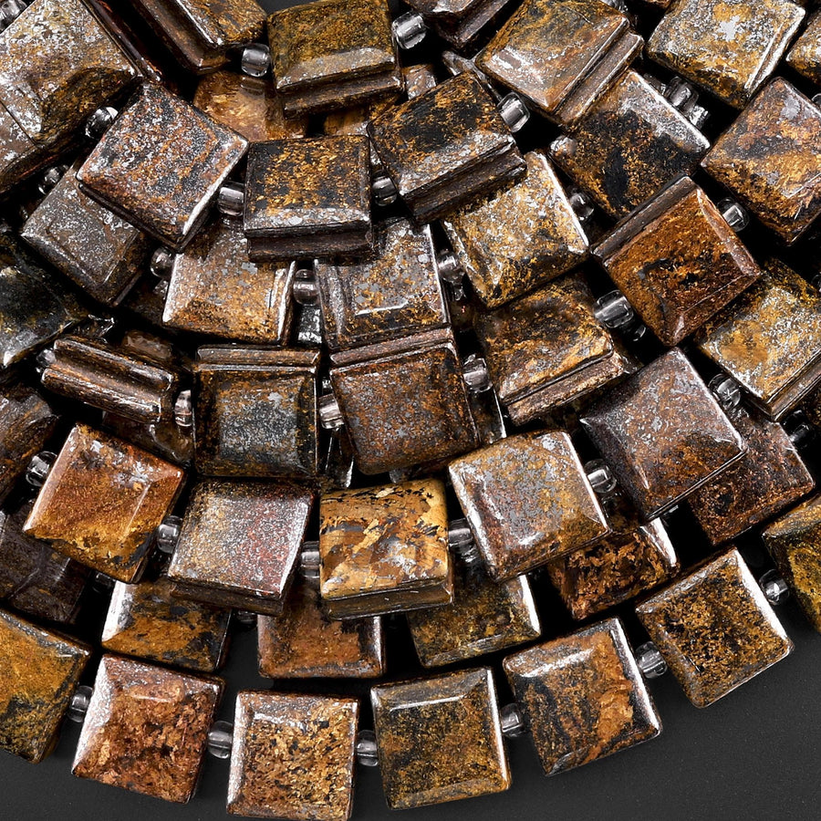 AAA Natural Bronzite Smooth Square Beads w/ Grooved Line Around 16" Strand