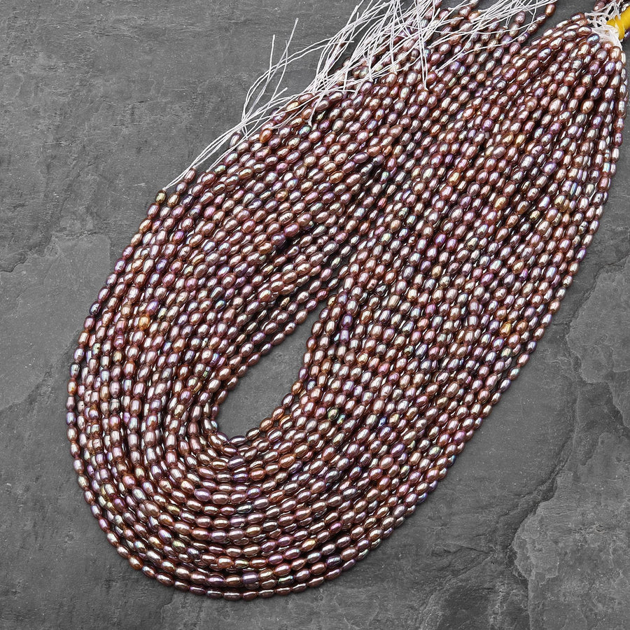 AAA Genuine Natural Metallic Mauve Pink Purple Oval Rice Freshwater Pearl Rainbow Iridescence 3x4mm 14.5" Strand