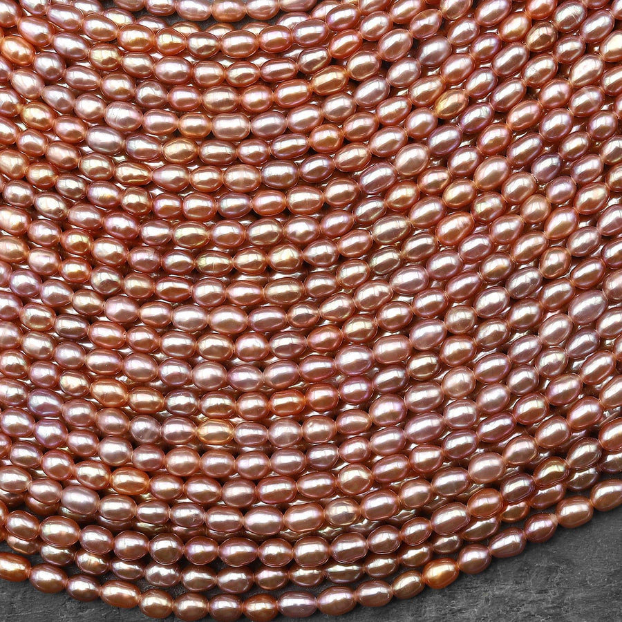AAA Genuine Natural Metallic Golden Orange Peach Oval Rice Freshwater Pearl Rainbow Iridescence 3x4mm 14.5" Strand