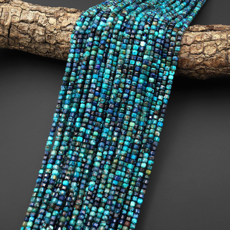 AAA Faceted Natural Chrysocolla Azurite 3mm Cube Gemstone 15.5" Strand