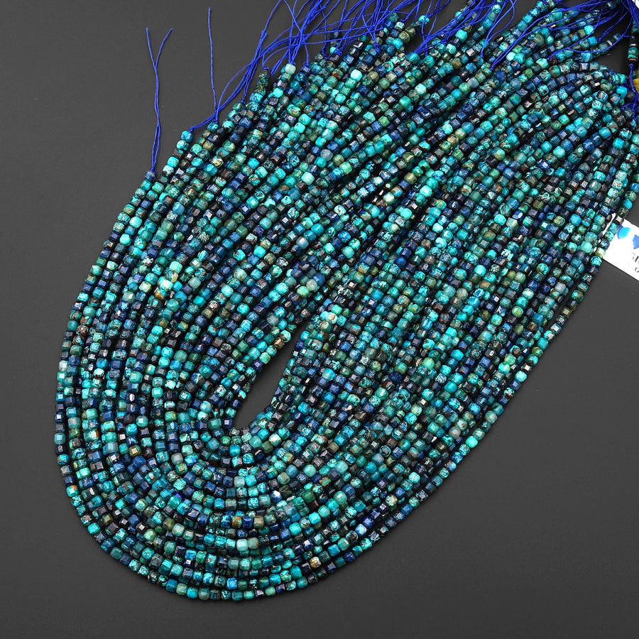 AAA Faceted Natural Chrysocolla Azurite 3mm Cube Gemstone 15.5" Strand