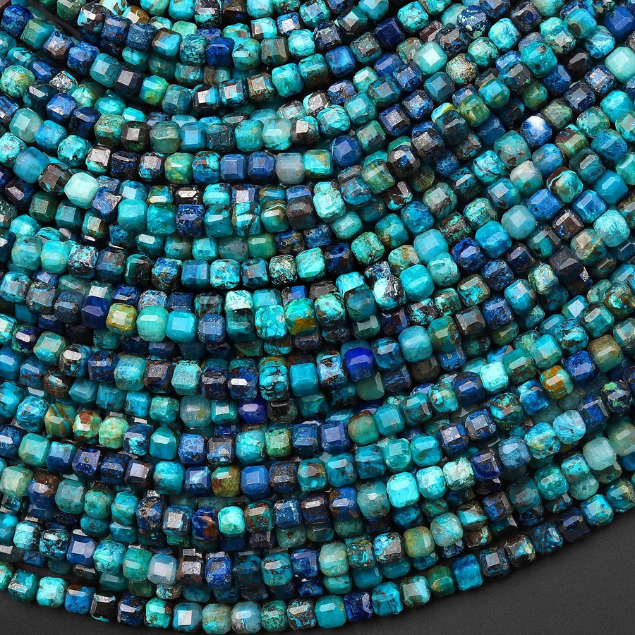 AAA Faceted Natural Chrysocolla Azurite 3mm Cube Gemstone 15.5" Strand