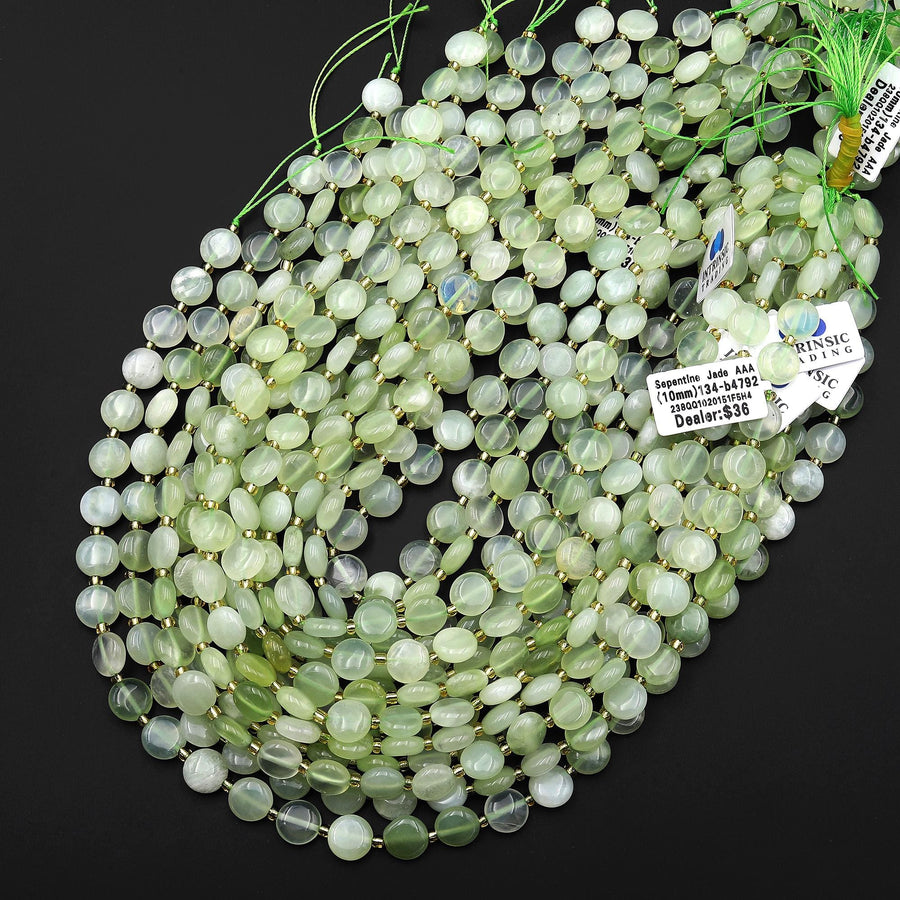 AAA Natural Green Serpentine Jade Smooth Coin Beads 10mm 15.5" Strand