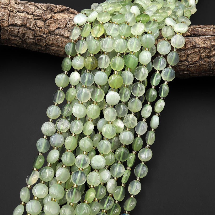 AAA Natural Green Serpentine Jade Smooth Coin Beads 10mm 15.5" Strand