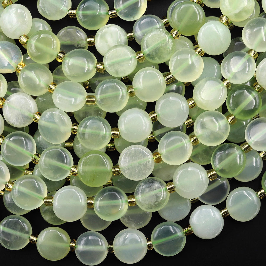 AAA Natural Green Serpentine Jade Smooth Coin Beads 10mm 15.5" Strand