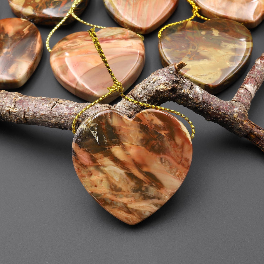 From Oregon USA Natural Carrasite Jasper Heart Pendant Earthy Green Peach Pink Orange Brown American Gemstone A5