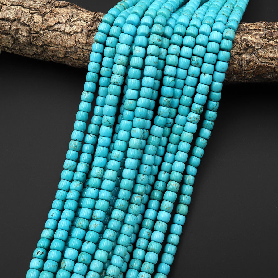 Blue Turquoise Jasper Puffy Barrel Rondelle Rounded Cylinder Beads Aka Dyed Sleeping Beauty 15.5" Strand