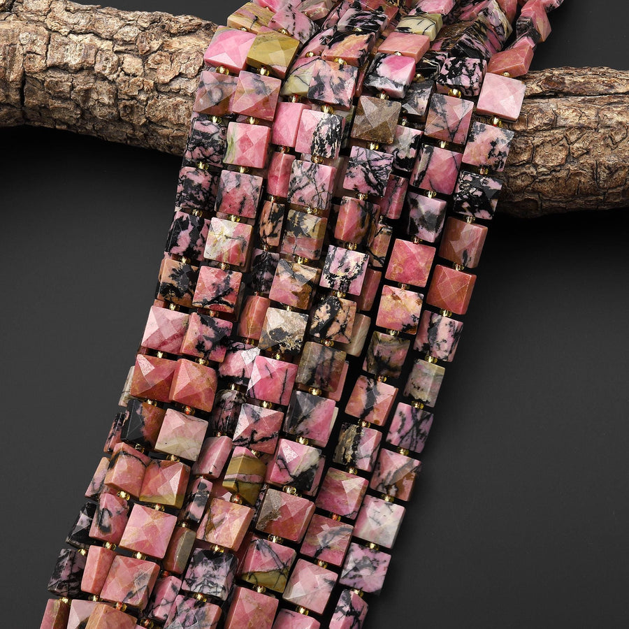 AAA Faceted Natural Pink Rhodonite 10mm Gemstone Square Beads 15.5" Strand