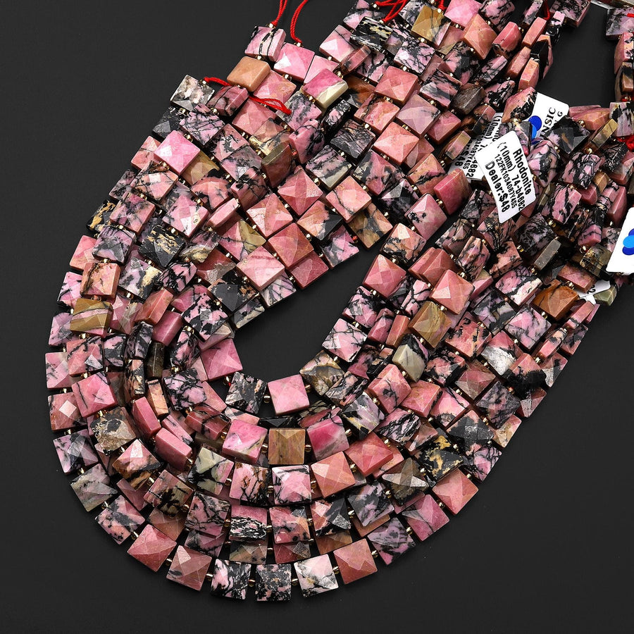 AAA Faceted Natural Pink Rhodonite 10mm Gemstone Square Beads 15.5" Strand