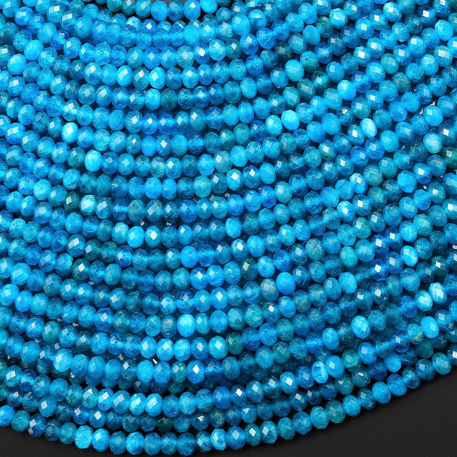 AAA Vibrant Faceted Natural Blue Apatite 4mm Rondelle Beads Micro Cut Gemstone 15.5" Strand