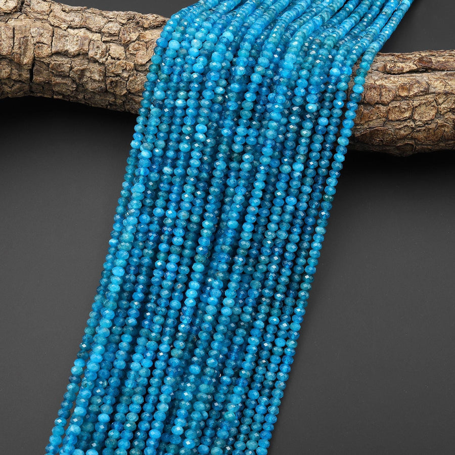 AAA Vibrant Faceted Natural Blue Apatite 4mm Rondelle Beads Micro Cut Gemstone 15.5" Strand