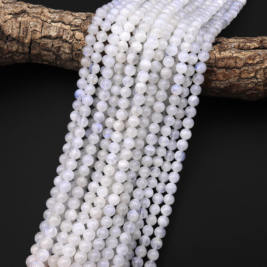 Natural Rainbow Moonstone 6mm 8mm 10mm 12mm Smooth Round Beads Blue Flashes 15.5" Strand