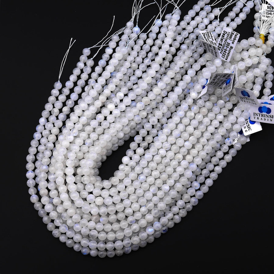 Natural Rainbow Moonstone 6mm 8mm 10mm 12mm Smooth Round Beads Blue Flashes 15.5" Strand