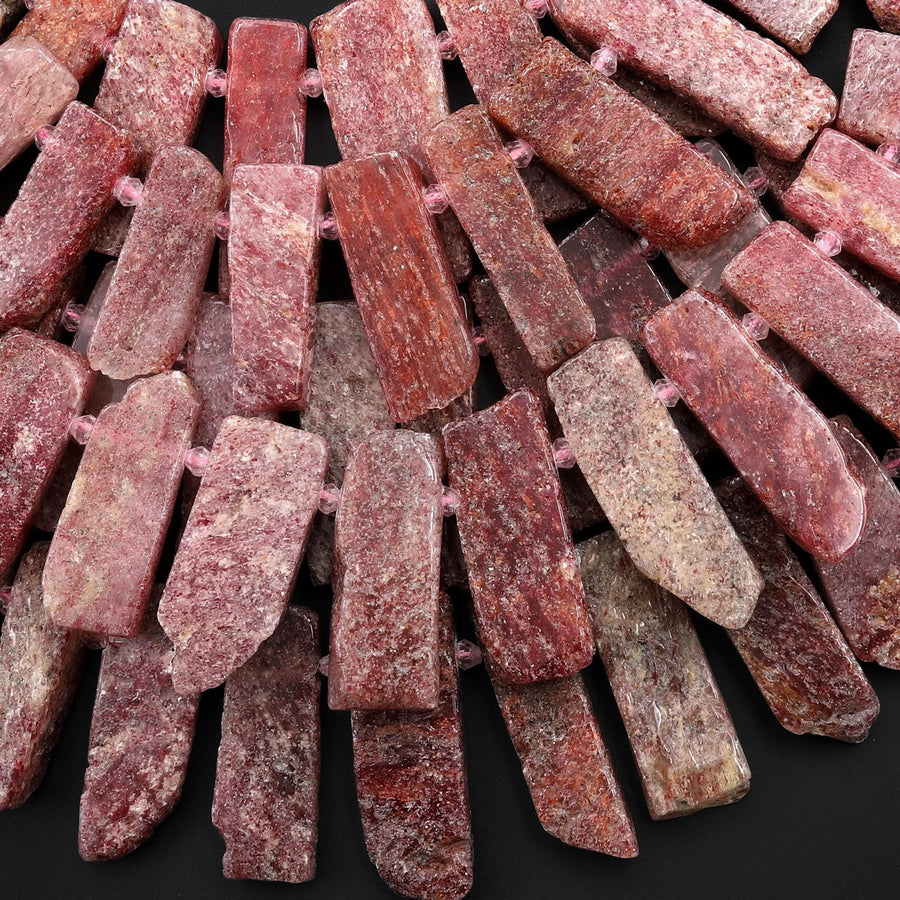 Natural Strawberry Quartz Freeform Rectangle Bead Spike Cleopatra Fan Shape 15.5" Strand