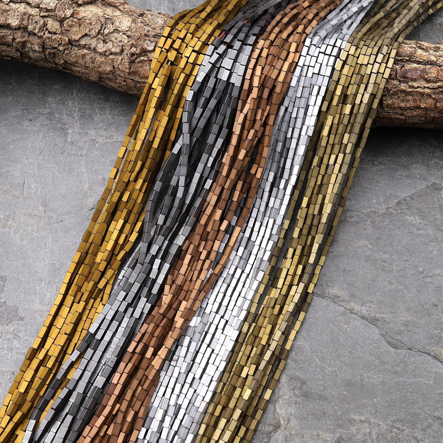 Matte Titanium Hematite 3x1mm 4x2mm Rectangle Beads Silver Gold Bronze Black Champagne Colors 15.5" Strand