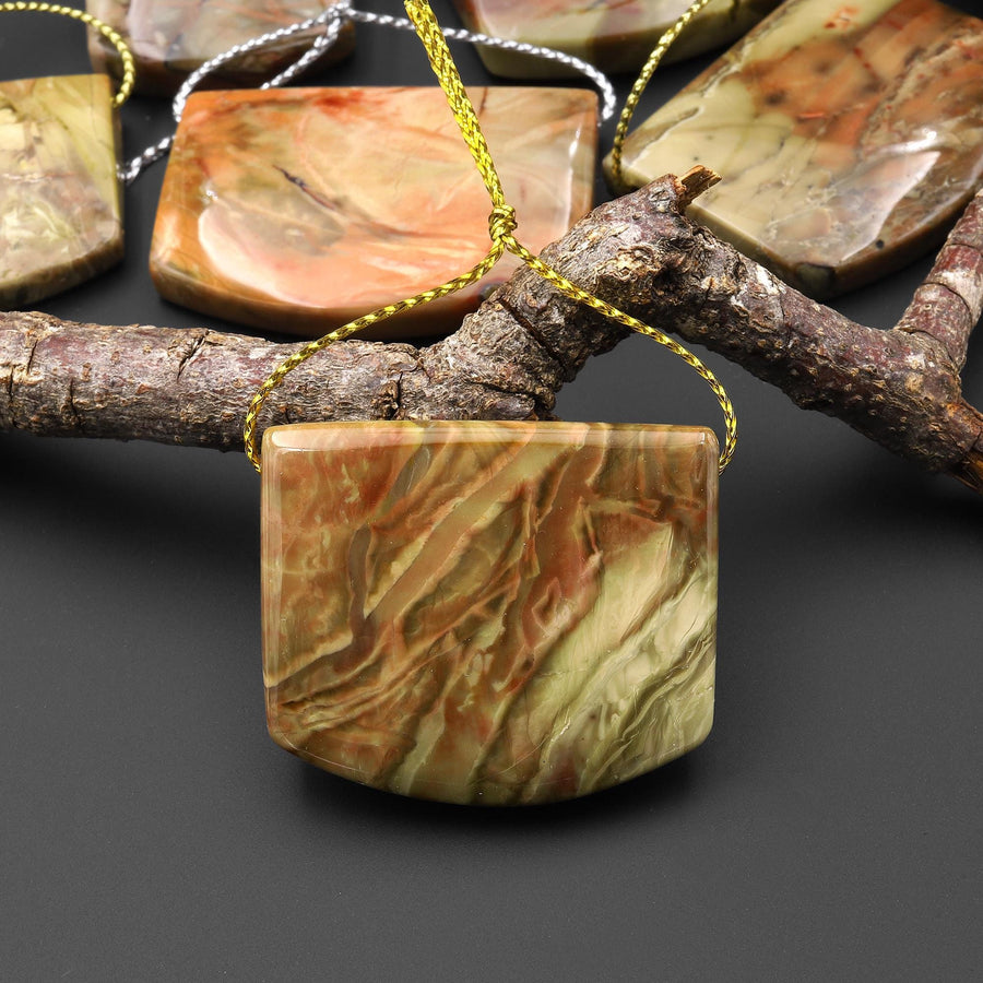 From Oregon USA Natural Carrasite Jasper Saddle Locket Pendant Earthy Green Peach Pink Orange Brown American Gemstone