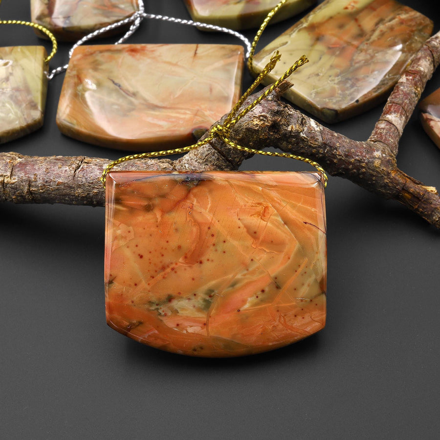 From Oregon USA Natural Carrasite Jasper Saddle Locket Pendant Earthy Green Peach Pink Orange Brown American Gemstone
